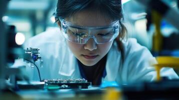 Engineer inspecting electronic components on production line in high tech factory photo