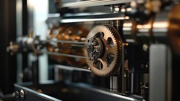 Gears rotating in complex machinery close up photo
