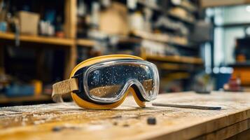 Protective goggles resting on workbench in manufacturing workshop photo