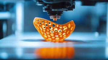 3d printer creating intricate orange object in laboratory setting photo