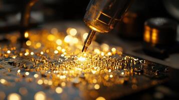 Robotic arm assembling electronic circuit board in manufacturing process photo