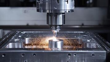 Cnc milling machine creating sparks during metalworking process photo
