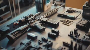 Modern sporting rifle and accessories displayed on table for gunsmithing photo