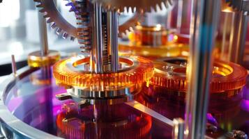Complex mechanism with gears rotating smoothly, illuminated by colorful lights photo