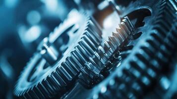 Close up view of interlocking metal gears rotating smoothly in a complex mechanism photo