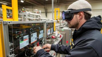Engineer wearing vr headset working on control panel in factory photo