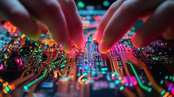 Technician touching illuminated circuit board, repairing electronic device photo
