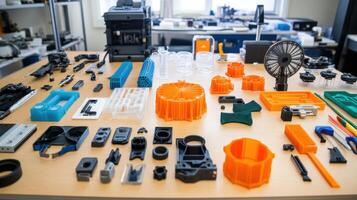 3d printed prototypes displaying manufacturing process on table photo