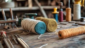 Colorful spools of thread lying on workbench in workshop photo