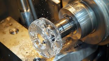 Lathe turning a transparent plastic or glass part, using water as a coolant, in a manufacturing process photo