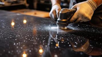 Mechanic polishing car hood with orbital sander in workshop photo