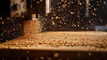 Woodworking machine processing plank and producing sawdust in a carpentry workshop photo