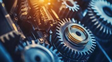 Close up of interlocking gears rotating smoothly in a complex machine photo