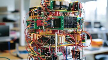 Complex electronic circuit board showing components and wiring in manufacturing setting photo