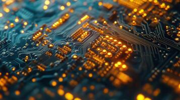 Electronic circuit board showing data processing with orange lights photo