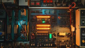 Complex industrial control panel with illuminated indicators and wiring displaying manufacturing processes photo