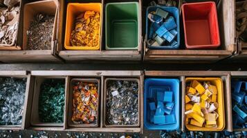 Waste sorting plant workers separating trash into different colored bins photo
