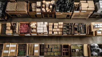 Warehouse showing organized inventory on wooden pallets from above photo