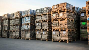 Stacks of wooden planks resting on pallets in a storage yard photo