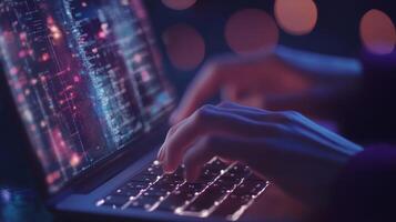 Software developer programming futuristic innovative software on laptop photo
