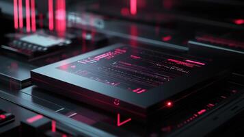 Futuristic quantum computing processing unit showing running code in server room photo