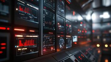 Futuristic control room monitoring showing charts and graphs on multiple screens photo