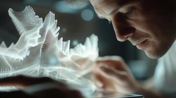 Scientist interacting with futuristic 3d hologram data visualization interface photo