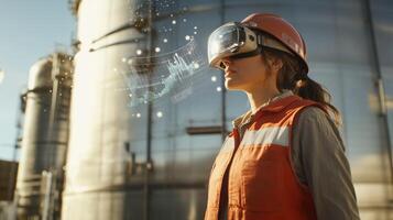 Industrial engineer wearing augmented reality headset analyzing data in refinery photo