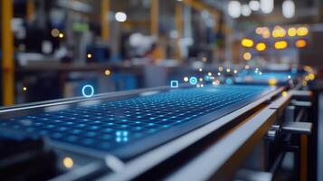 Futuristic conveyor belt transporting digital data in smart factory photo