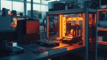 Futuristic automated machine operating inside a research laboratory photo