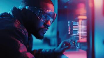 Software engineer wearing augmented reality goggles working with holographic interface in futuristic neon lit office photo