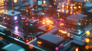 Futuristic circuit board pulsating with colorful lights and data flow photo