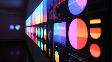 Large screen showing colorful charts and graphs in a dark room photo