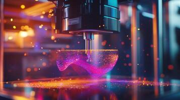 Futuristic 3d printer creating glowing object in dark room photo