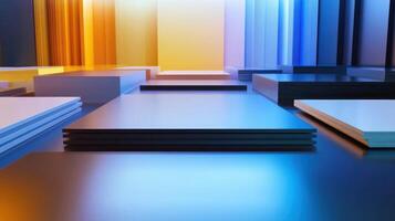 Abstract scene illuminated by multicolored lights creating gradients on surfaces and platforms photo