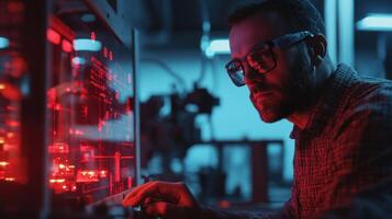 It specialist working with complex server system in futuristic data center photo