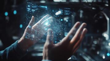 Engineer interacting with futuristic holographic interface in high tech laboratory photo