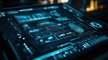 Futuristic transparent display showing complex data analysis and fingerprint recognition photo