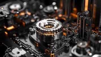 Complex gear system rotating and generating power in modern machine photo