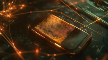 Smartphone showing world map connecting global networks with futuristic technology photo