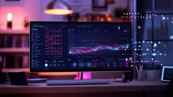 Computer showing futuristic charts and business data analysis in modern office at night photo