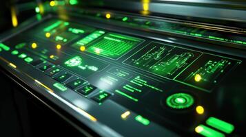 Futuristic control panel showing charts and data in green on black background photo