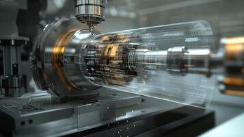 Cnc machine processing metal part with futuristic hud interface displaying technical information photo