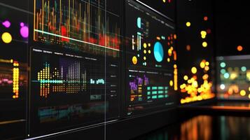 Multiple screens showing colorful futuristic user interface with charts and data analysis photo