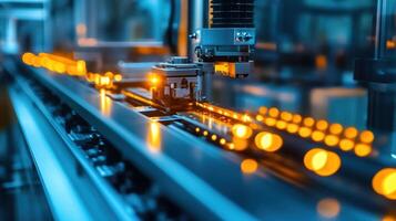 Robotic arm picking components on assembly line in modern factory photo