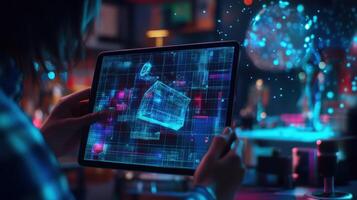 Software engineer working with futuristic interface on digital tablet, developing augmented reality photo