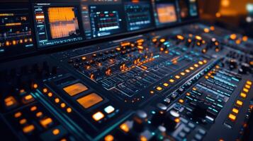 Professional audio mixing console with illuminated buttons and digital display showing audio waveforms photo