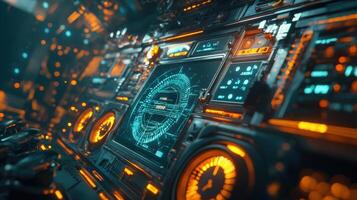 Futuristic spaceship cockpit control panel with head up display and illuminated buttons photo