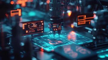 Futuristic robotic arm building microchip in automated factory photo