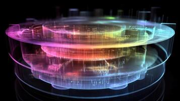 Futuristic server rack rotating and glowing with data transferring photo